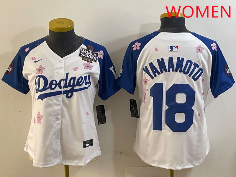 Women Los Angeles Dodgers #18 Yamamoto White Blue Sakura Edition 2025 Nike MLB Jersey style 3->women mlb jersey->Women Jersey